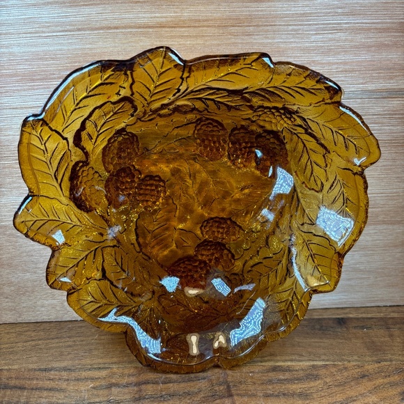 Amber Candy Trinket Dish Logan Berry Pattern Tidbit Bowl Glass Vintage 7” x 2” - Picture 1 of 7